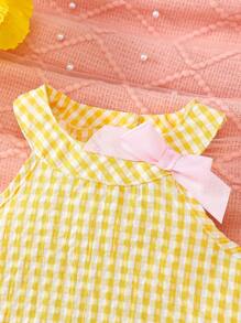 SHEIN Vintaside Kids 女宝宝可爱刺绣花朵和格子无袖上衣和裤子套装，春夏 - 黃色 - 查看 6
