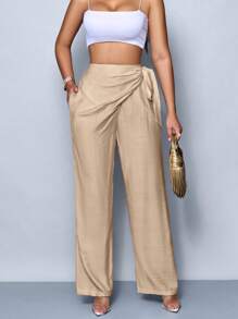 女式仿亚麻高腰阔腿裤 - 卡其色 - 查看 4