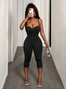 BamGleam Casual Black Slim Fitting Jumpsuit Unitards With Underwire Bust Cup,Spring/Summer Clothes For Women,Y2k Unitard,Fashion Sexy Backless Spaghetti Strap Jumpsuit Leggings,Solid Color Sleeveless Seamless High Elastic Tight Cami Jumpsuits,Party/Club/Night Out/Rave Festival Clothes,Going Out Daily Wear - Black - View 7