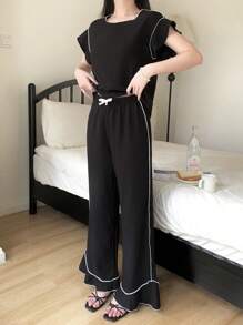 SHEIN 少女简约优雅撞色荷叶边短袖上衣和长裤编织睡衣套装