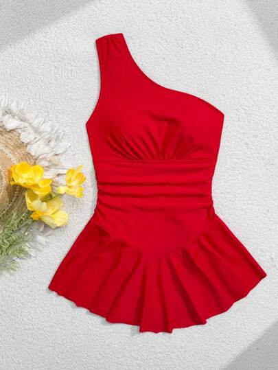 Traje de baño de una pieza elegante para mujer de unicolor con un hombro, tela brillante y volante en la cintura