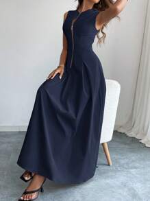 Firerie Women's Elegant Commuter Round Neck Sleeveless Front Zipper Dress,Business Casual Woman - Navy Blue - View 5