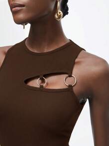Maija 2025 Summer New Asymmetrical Cut-Out Hollow Round Metal Ring Decor Women's Vest Top, Business Casual Elegant Beach Resort Suitable For Wedding Guest, Countryside Music Festival, Breakfast, Airport Outfit, 90s Retro Stockholm Chic, Independence Day