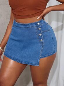 SHEIN SXY Plus Size Women Cowgirl Style Elastic Blue Asymmetrical Denim Shorts  Summer Outfits For Women Festival Outfits  Skorts Vacation Outfits Woman - Blue - View 4