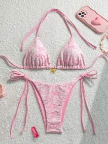 Swim Mod 2 Pieces Set Summer Vacation Pink Floral Textured Halter Tie Side Bikini Set Swimwear - Pink - View 1