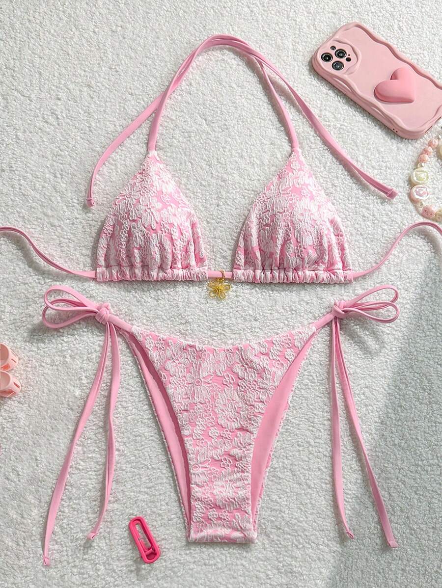 Swim Mod 2 Pieces Set Summer Vacation Pink Floral Textured Halter Tie Side Bikini Set Swimwear - Pink - View 1