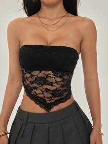SHEIN PETITE Top corto de mujer estilo corset con encaje y bajo asimétrico, sexy y entallado - Negro - Ver 5