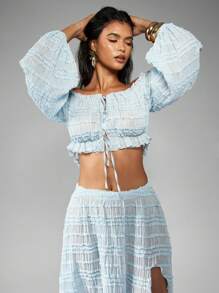 MISSGUIDED Off Shoulder Ruched Crop Top Balloon Sleeve Summer Spring Beach Boho Festival Peasant Blouse Shirred Elastic Ruffle Party Evening