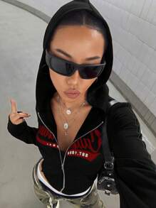 StreetHx Retro amerikanischer Stil taillierter Reißverschluss-Kapuzenpullover für Frauen, Abschluss, Lehrer, Rückkehr zur Schule Pullover Herbst