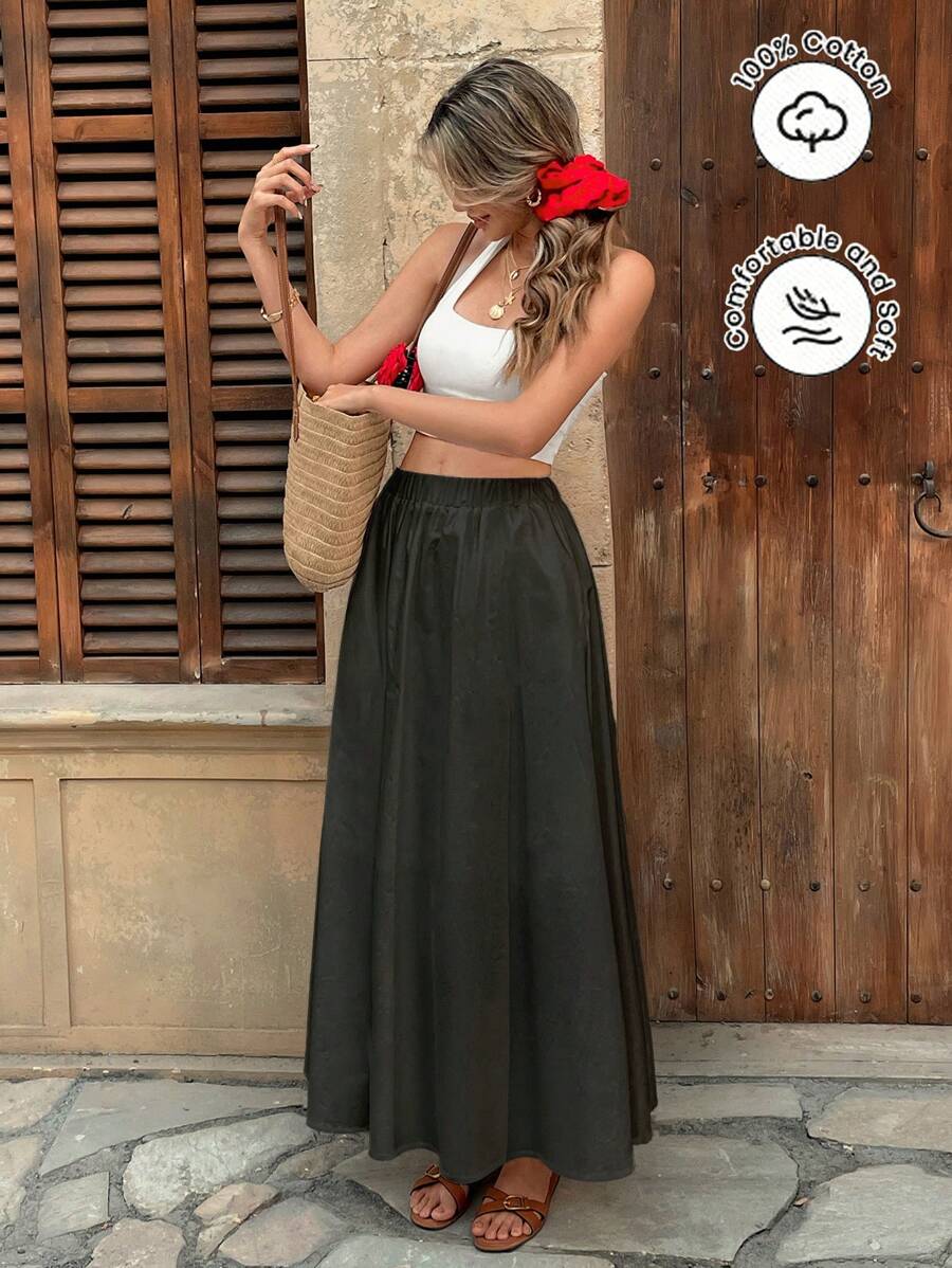 Pariaura Elastic Waist High Waisted Solid Color Versatile Slimming A-Line Long Skirt Fall Cloth For Women