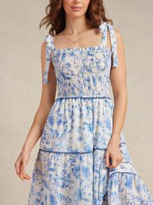 WESTFADE Summer Floral Printed Embroidered Woven Square Neck Smocked Bodice Cute Bow Tie Straps Contrast Trim Ruffle Tiered Dress Spring Break Beach Vacation - Blue - View 2