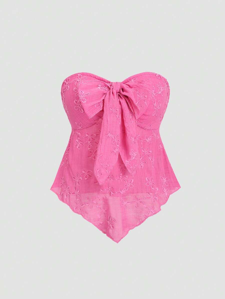 Sweetra Textured Fabric Knot Front Strapless Top Y2K  - Hot Pink - View 1