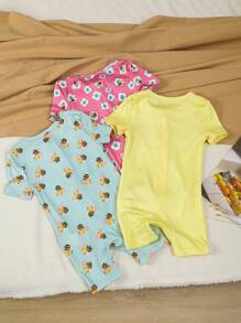 3 Stücke Baby/Baby Mädchen süßer Bienen-Muster Kurzarm-Jumpsuit Outfit mit Reißverschluss, eng anliegender Romper