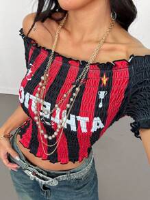 Coolane Tween 女童春夏 Y2K 运动装街头服饰数字图案弹性露肩 T 恤 - 黑色 - 查看 2