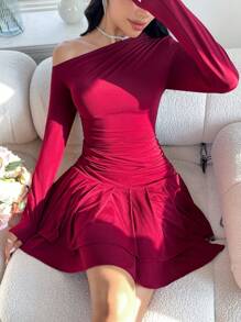 Modelyn Women's Elegant Burgundy Ruched Asymmetric Shoulder Peplum Hem Short Sheath Dress - Burgundy - View 2