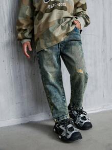 SHEIN YOUNG BOYS Vintage Distressed Washed Straight Leg Jeans, Casual Fashion Street Style Denim Pants For Boys
