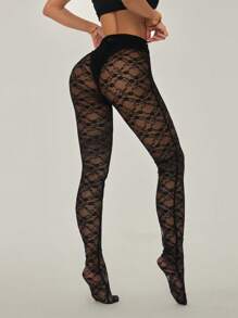 SHEIN PETITE Leggings transparents à taille haute et à dentelle pour femmes