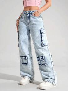 SHEIN EZwear Women's Loose Cargo Pocket Wide Leg Casual Denim Jeans - Light Wash - View 4