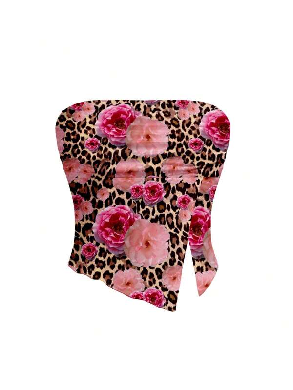Maria Clara Maia Pink Floral Leopard Print Bandeau Top For Women, Summer Music Festival, Beach, Resort Wear
