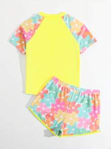 SHEIN Tween Girl Floral Print Raglan Sleeve Crop Top And Shorts Tankini Swimwear Set Young Girl Summer Outfits Young Girls Sets Summer Sets For Tweens Summer Outfit Sets For Teens Summer Cloths For Teens