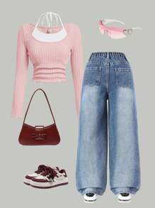 Pantalones vaqueros anchos de tiro alto cómodos y sueltos con lavado claro, decorados con moños hechos a mano, estilo de vacaciones para niñas preadolescentes - Azul lavado medio - Ver 2