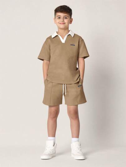 SUMWON 青年设计师两件套绒面革 Polo 衫套装运动街头休闲短款套装夏季春季运动休闲装带抽绳针织面料