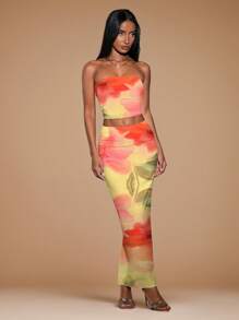 SHEIN BAE 2pcs Women Floral Tie Dye/Bandeau 2 Pieces Summer Vacation Set/Two Pieces Set Women/Playa/Beach Outfits For Woman/Vacation Outfits Women/Vacation/2 Pieces Set/Sets For Women/Matching Sets Women/Rave Outfits Festival/Vacation Two Pieces Set/2 Pieces Set Summer - Orange - View 1