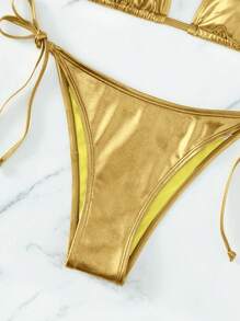 Swim Mod Women's Summer Beach Solid Color Metal Texture Halter Tied Sexy Bikini 2 Pieces Swimwear Set - Yellow - View 5