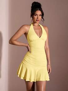 SHEIN BAE Váy ngắn dễ thương cho ngày hẹn hò, mùa xuân/hè, cổ yếm màu mơ, dáng ôm, viền bèo nhún - Màu vàng - Xem 3