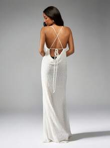 MISSGUIDED Sequin Plunge Neck Halter Evening Gown Draped Front Wedding Reception Dress Special Occasion Floor Length Fishtail Dress Formal Prom Ball Gown - White - View 2