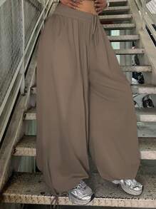 Flirla Plus Size Women Wide Leg Casual Loose Drawstring Pants For New Year Clothes - Coffee Brown - View 3