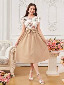 Elegant Short Floral Print Dress For Teen Girls, Ruffle Sleeve, V-Neck Lace Trim, Tie Waist High Low Hem Dress,Holiday,Summer,Travel - Khaki - View 3