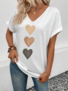 SHEIN Women's V-Neck Cuff Ombre Heart Print Casual Versatile T-Shirt, Spring/Summer - White - View 4