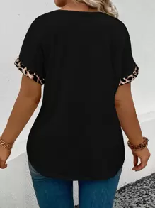SHEIN Plus Size Casual Leopard Print Patchwork Short Sleeve T-Shirt, Summer