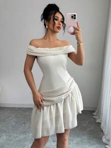 SHEIN Unity Off-Shoulder Ruched Waist Flowy Chiffon Dress, Slimming - Apricot - View 5