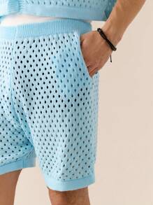 Manfinity VCAY Men's Standard Size Casual Sky Blue Crochet Hollow-Out Loose Shorts Suit, For Fall Winter - Mint Blue - View 3