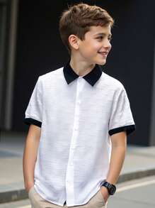 SHEIN Leap Crew Soft And Casual Textured Fabric Polo Collar Short Sleeve Shirt And Textured Fabric Shorts 2 Pieces Set, Suitable For Outgoing, Street Style, Party, City Walk For Tween Boys - White - View 1