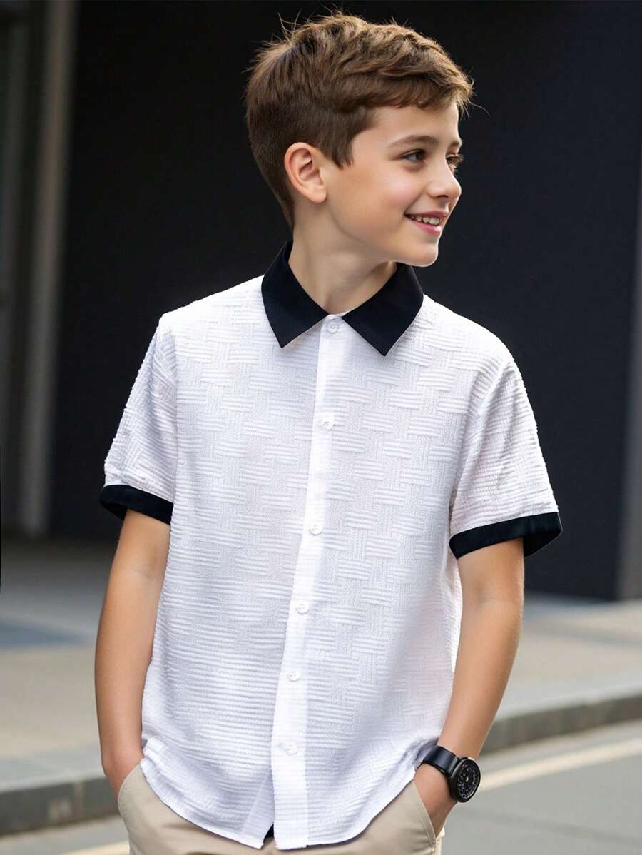 SHEIN Leap Crew Soft And Casual Textured Fabric Polo Collar Short Sleeve Shirt And Textured Fabric Shorts 2 Pieces Set, Suitable For Outgoing, Street Style, Party, City Walk For Tween Boys - White - View 1