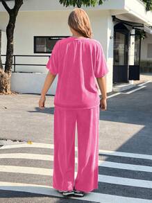 SHEIN EZwear Plus Size Vintage Look Pink Printed Loose T-Shirt + Pants Cotton 2 Pieces Set, Spring & Summer - Hot Pink - View 2