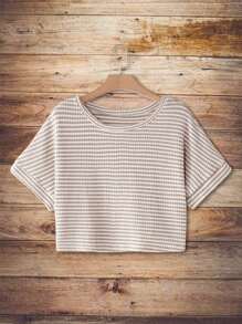 SHEIN VCAY T-shirt court assorti tout-aller de style boho western à rayures abricot et blanc, col rond, grande taille, polyvalent