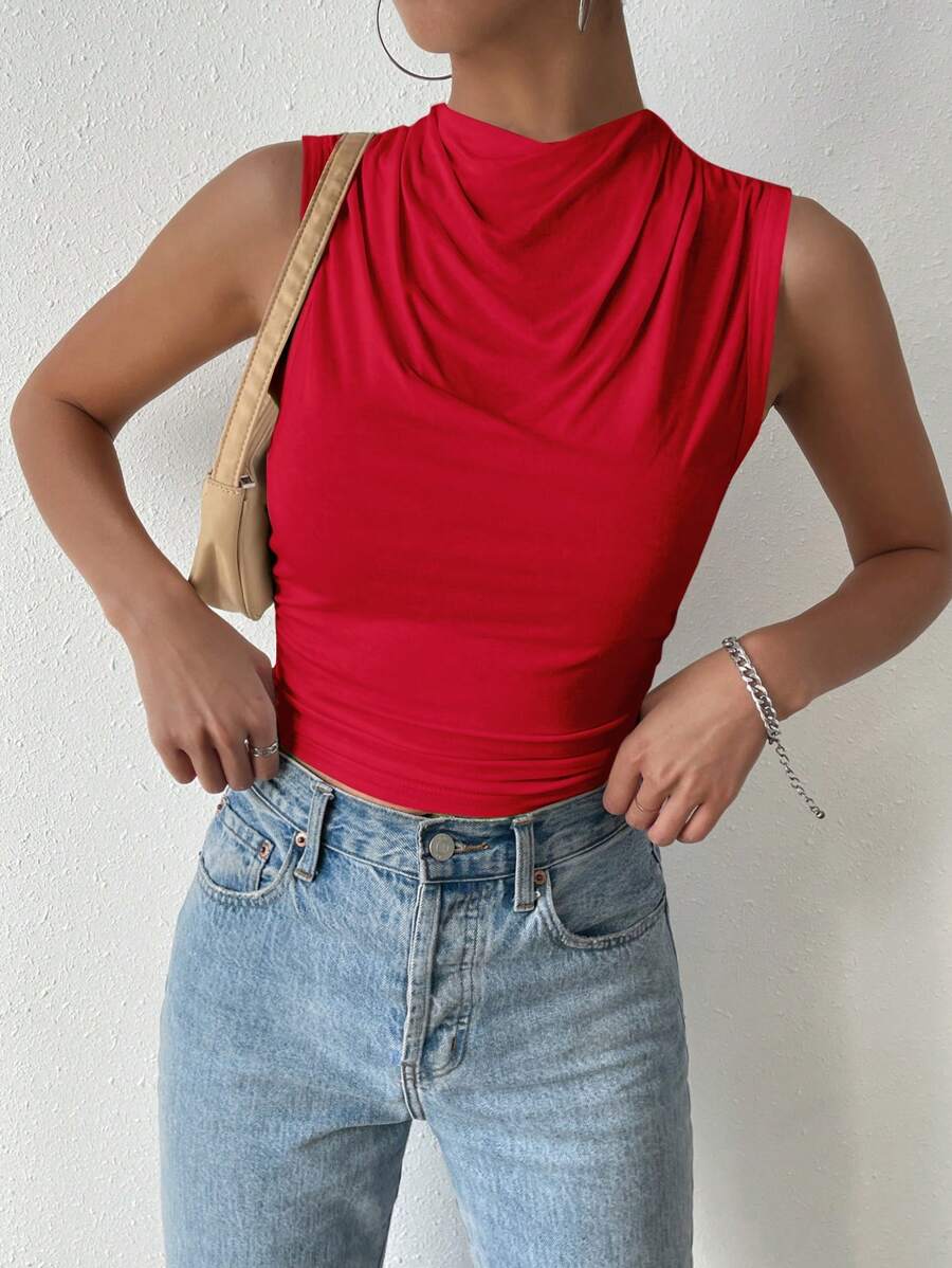 SHEIN Privé 夏季休闲纯色褶饰贴身吊带背心 - 紅色 - 查看 1