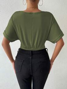 SHEIN Clasi V-Neck Ruched Bodysuit, Minimalist & Fashionable, Suitable For Summer - Army Green - View 2