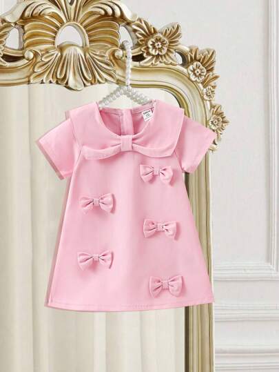 Baby Girls' New Bow Decor A-Line Dress, Suitable For Spring And Summer, With Good Comfort, Premium Fabric, Fashionable High-End Feel, Exquisite Bow Decoration, A-Line Skirt, Spring And Summer All-Match Versatile, Fashionable For Casual Occasions
