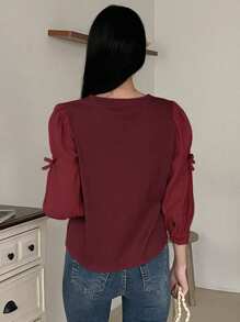 DAZY 女士商务休闲蝴蝶结装饰泡泡袖衬衫，秋季上衣长袖上衣 - 酒紅色 - 查看 5