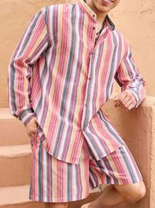 SHEIN X ELOISA & ORSON Manfinity VCAY Set de 2 piezas con camisa de manga corta a rayas casual y pantalón corto recto de cintura elástica para hombre