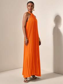 Zivah Spring And Summer Casual Vacation Light Vacation Daily Dating Halterneck Sleeveless Pleated A-Hem Loose Maxi Skirt Dark Green Women's Maxi Dress-A,Bohemia,Summer Dresses For Women - Orange - View 4