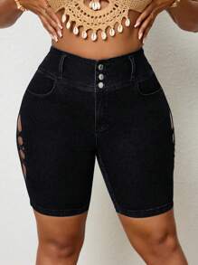 SHEIN SXY Plus Size Women Bohemian Style Elastic Crossed Strap Hollow Out Design Skinny Cropped Jeans - Black - View 6