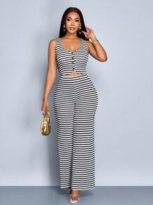 SOLERSUN Women Striped Striped Sleeveless V-Neck Front Button Vest And Pants Set - Black and White - View 5