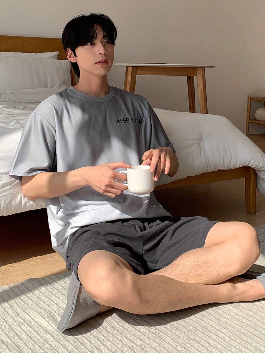 DAZY Letter Print Multicolor T-Shirt Set Matched With Men's Loungewear, Summer - Multicolor - View 1