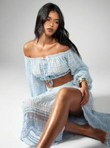MISSGUIDED Off Shoulder Ruched Crop Top Balloon Sleeve Summer Spring Beach Boho Festival Peasant Blouse Shirred Elastic Ruffle Party Evening